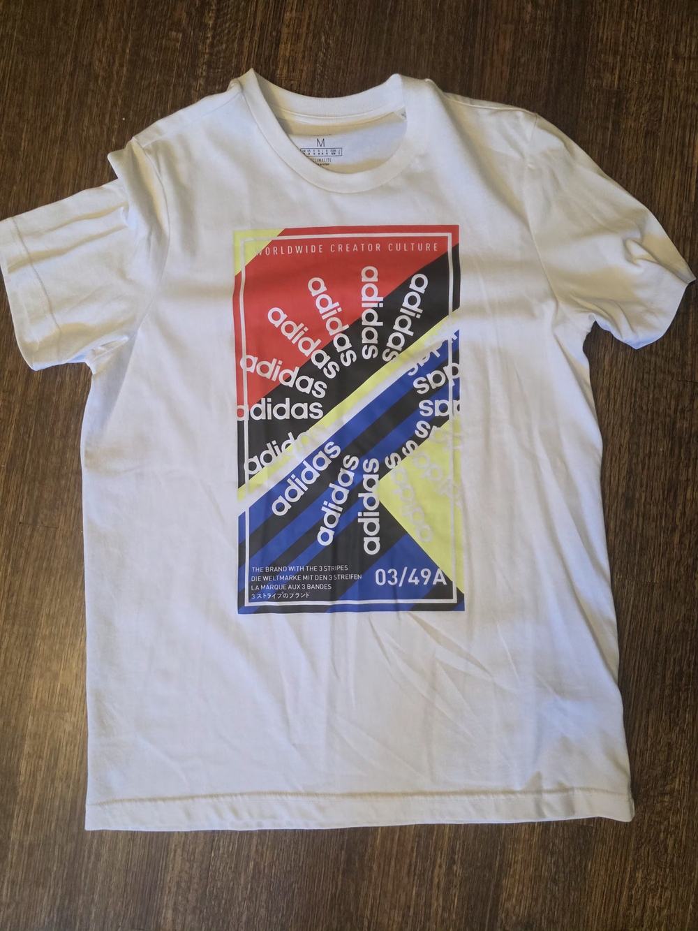 adidas White Tee with Red, Blue & Yellow Graphic